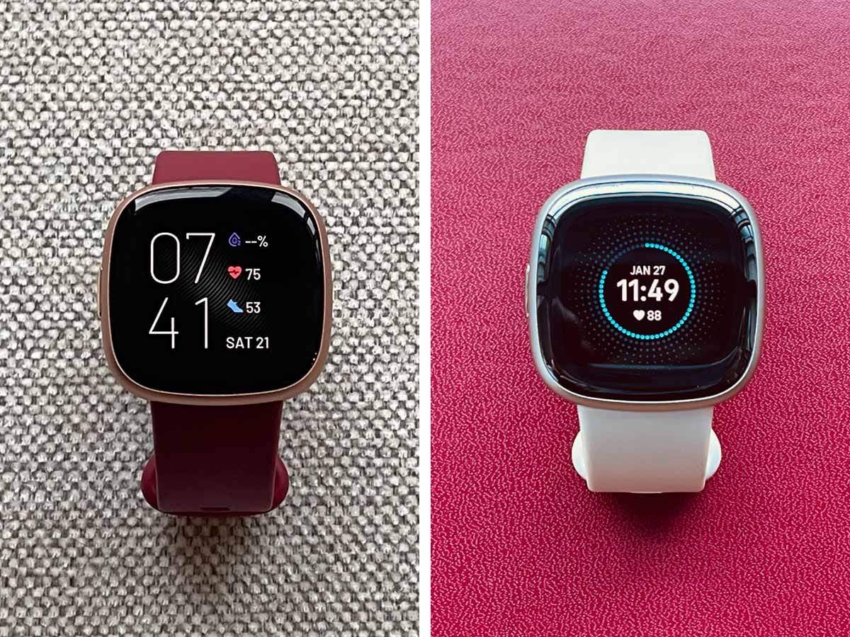 Side by side images of The Fitbit Versa 4 and Fitbit Sense 2 fitness trackers.