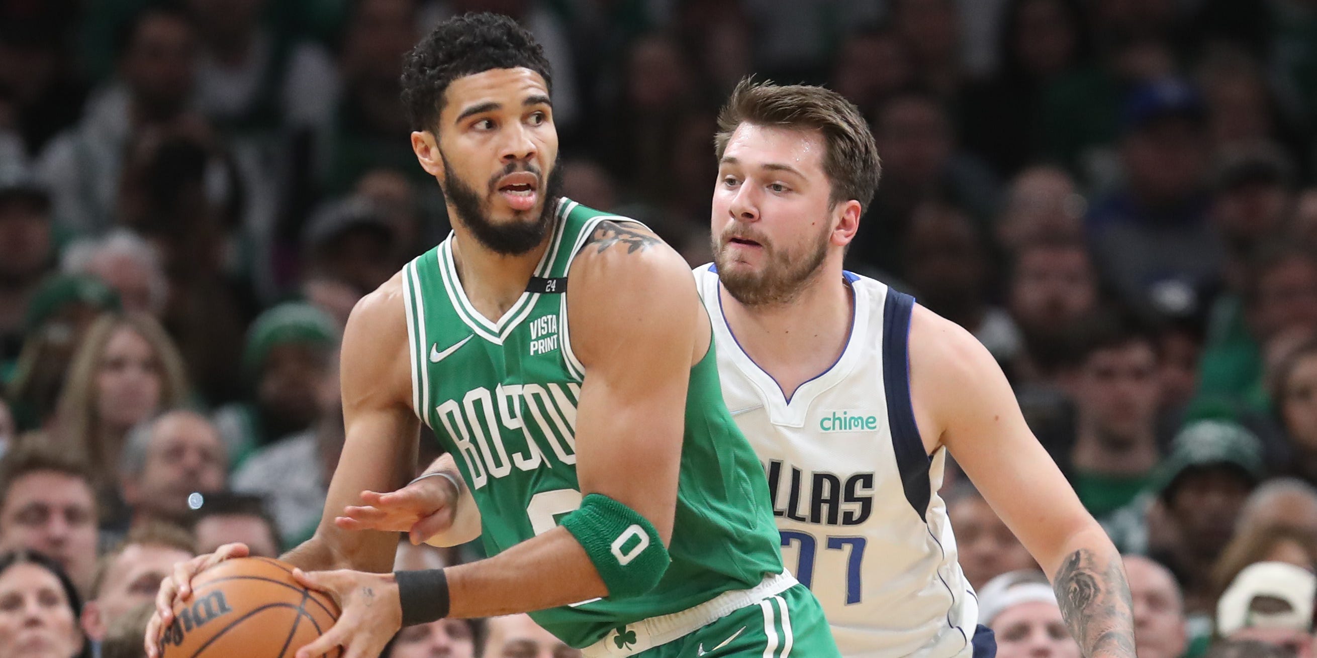 Jayson Tatum (left) of the Boston Celtics and Luka Doncic of the Dallas Mavericks are some of the star power in the 2024 NBA Finals.