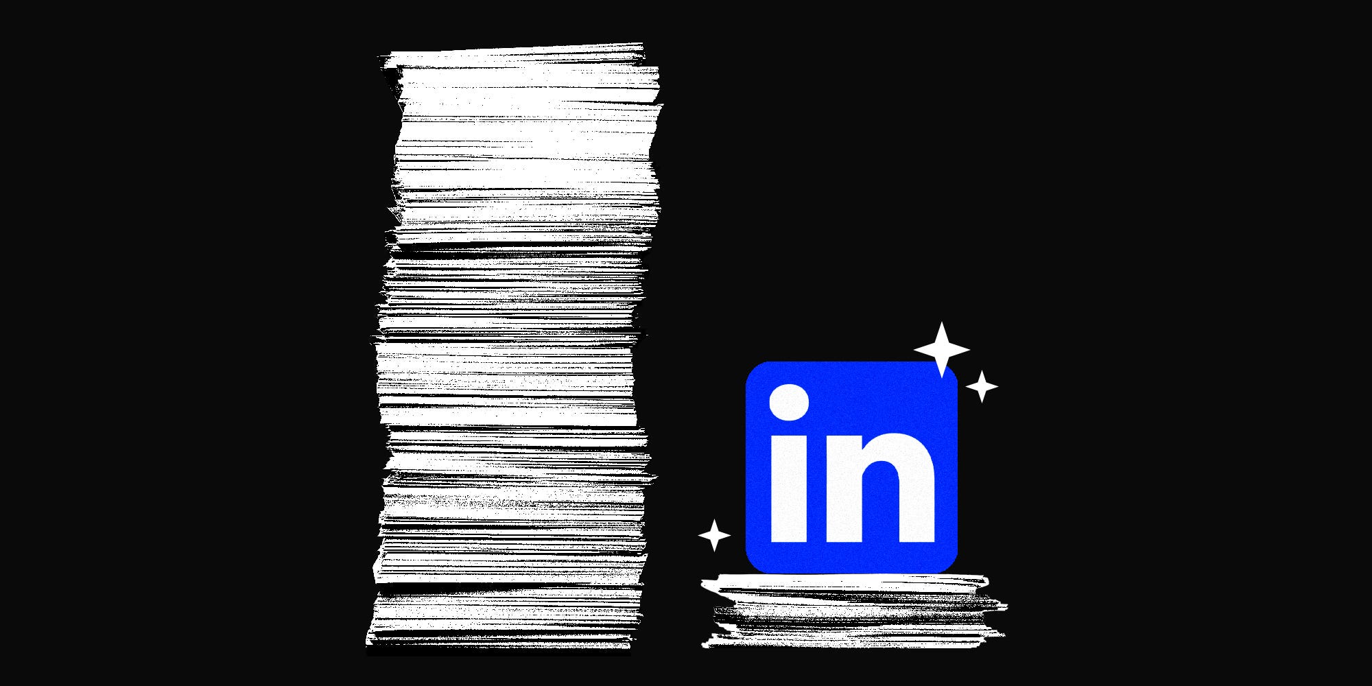 A Linkedin logo sitting on a short stack of applications next to a large stack of applications