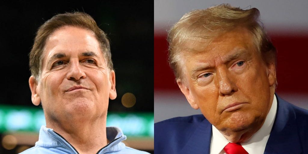 Mark Cuban at a basketball game in Boston, Massachusetts; Donald Trump speaking at a fox News Town Hall.