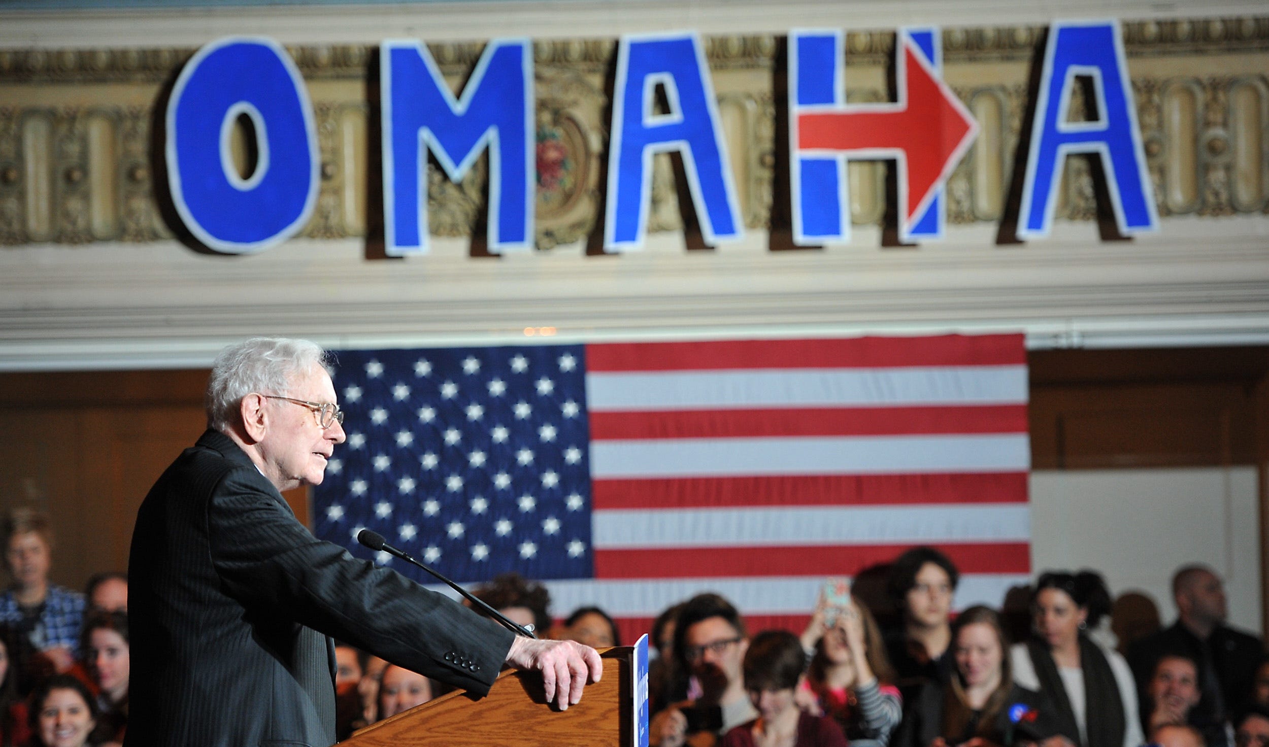 Warren Buffett speaks at a 2016 rally in Omaha where he talked about his support for Hillary Clinton