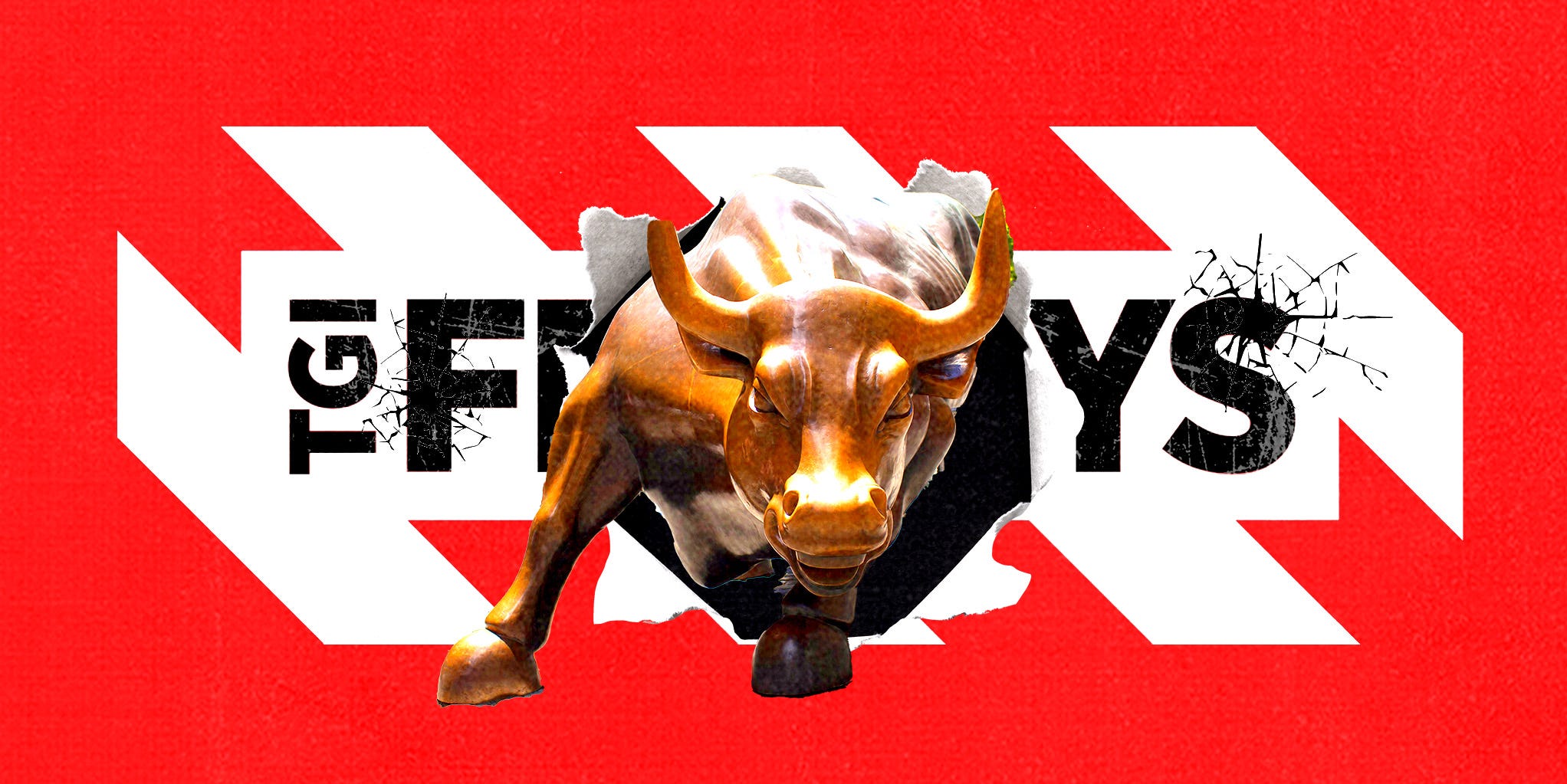 Wall street bull through a TGIFridays logo.