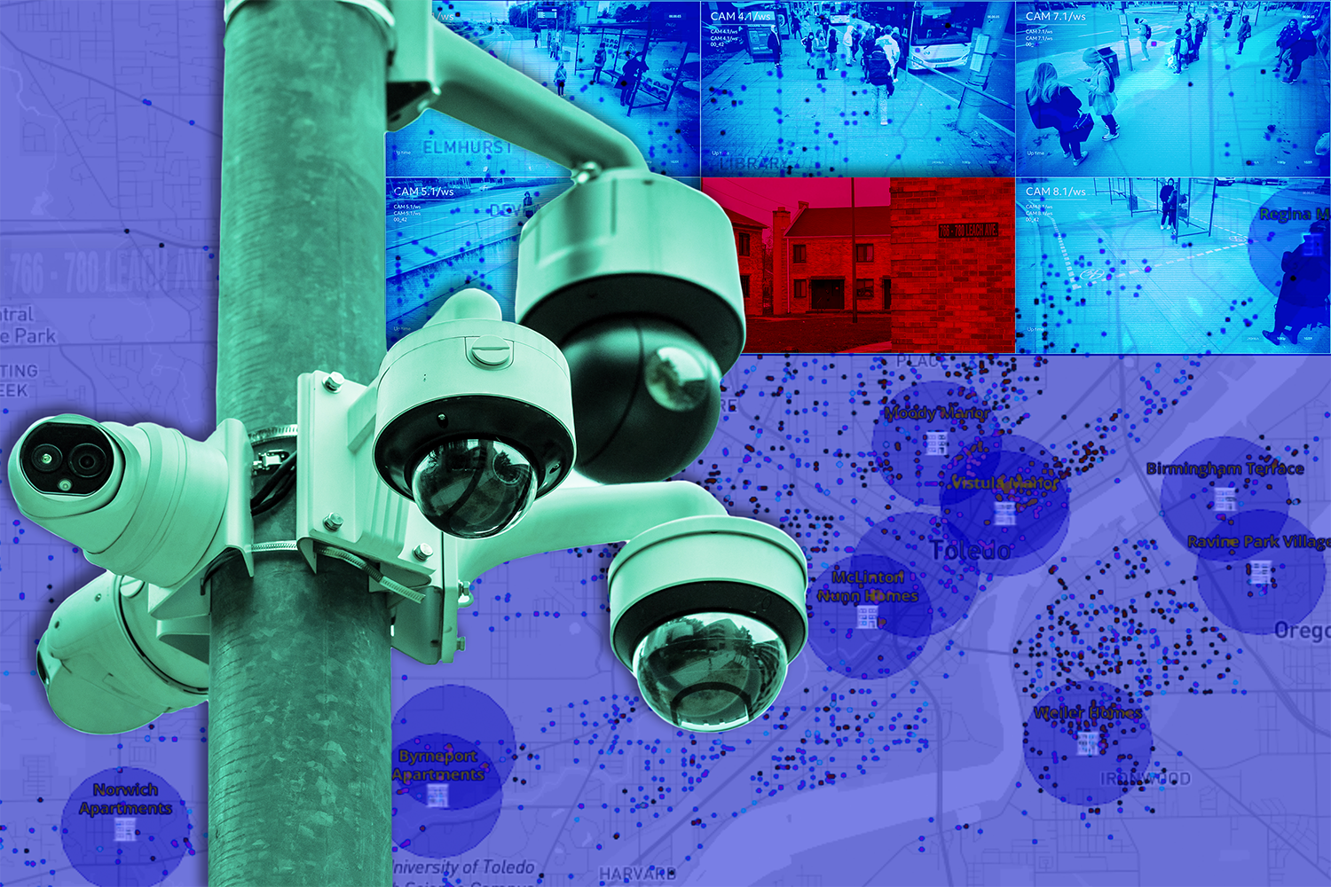 A colorful graphic illustration showing a telephone pole mounted with several surveillance cameras overlaid on a grid of vamera views with one pane, showing a house, highlighted red.