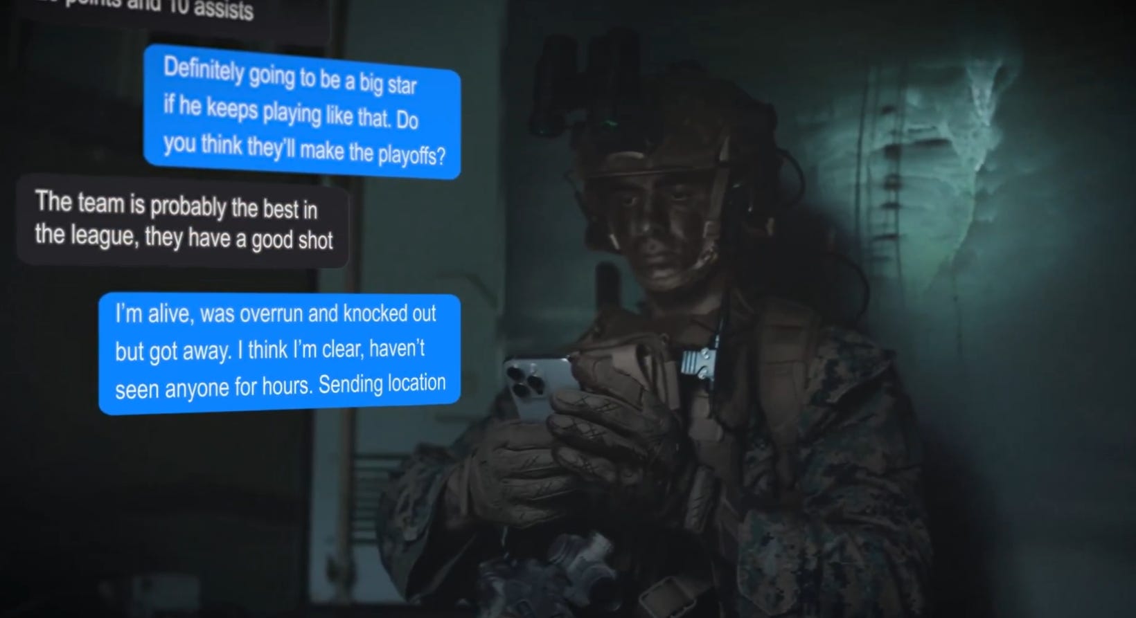 A US Marine sends a text message to his comrades about his situation. It's a screengrab from a video.